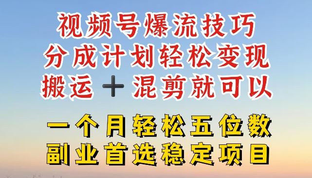 视频号爆流技巧，分成计划轻松变现，搬运 +混剪就可以，一个月轻松五位数稳定项目【揭秘】-前沿谈项目