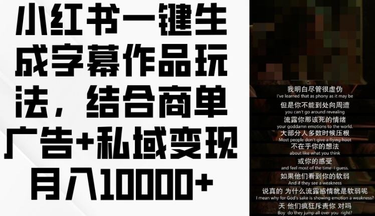 小红书一键生成字幕作品玩法，结合商单广告+私域变现月入1w+【揭秘】-前沿谈项目